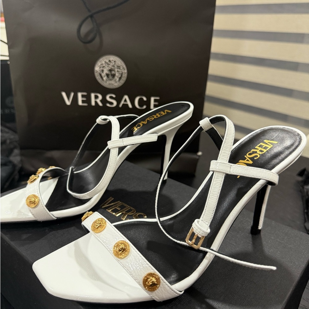 Versace White and Gold Strappy Heels